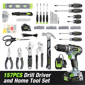WORKPRO Cordless Drill Combo Kit, 157PCS Power Tool Set with 20V Cordless Lithium-ion Power Drill Driver, Cordless Drill Set With Wide Mouth Open Tool Bag
