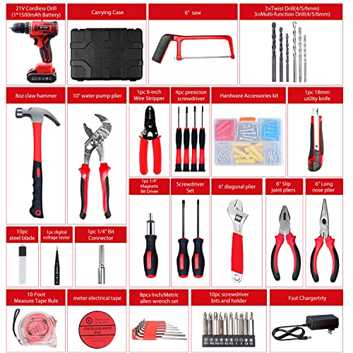 jar-owl 21V Max Cordless Drill/Driver Kit, Brushless, Tool Set with Drill and 112pcs Household Hand Tool Kit for Daily Home Repair, Red