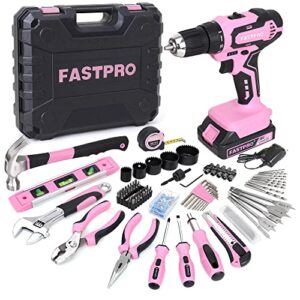 fastpro 177-piece 20v pink cordless lithium-ion drill driver and home tool set, lady’s home repairing tool kit with drill in tool storage case