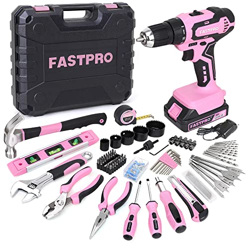 FASTPRO 177-Piece 20V Pink Cordless Lithium-ion Drill Driver and Home Tool Set, Lady's Home Repairing Tool Kit with Drill in Tool Storage Case