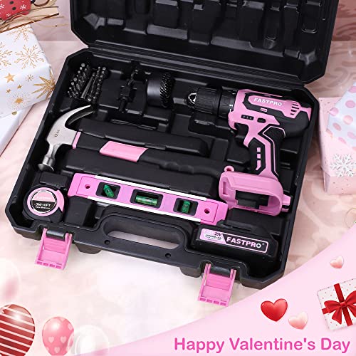 FASTPRO 177-Piece 20V Pink Cordless Lithium-ion Drill Driver and Home Tool Set, Lady's Home Repairing Tool Kit with Drill in Tool Storage Case