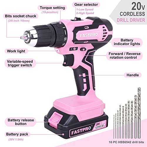 FASTPRO 177-Piece 20V Pink Cordless Lithium-ion Drill Driver and Home Tool Set, Lady's Home Repairing Tool Kit with Drill in Tool Storage Case