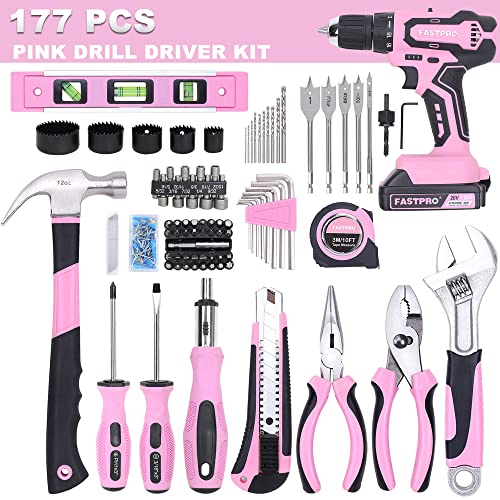 FASTPRO 177-Piece 20V Pink Cordless Lithium-ion Drill Driver and Home Tool Set, Lady's Home Repairing Tool Kit with Drill in Tool Storage Case