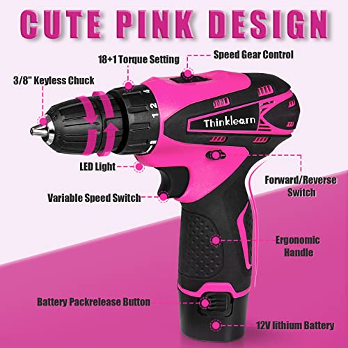 Pink Drill Set for Women, 137 Piece Hand and Power Tool Set with 12V Cordless Drill, Home Tool Kit for DIY, Necessities for Daily Decoration and Maintenance, As a Creative Gift for Ladies