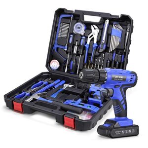 112 piece power tool combo kits with 21v cordless drill, professional household home tool kit set with diy hand tool kits for garden office house repair maintain-blue