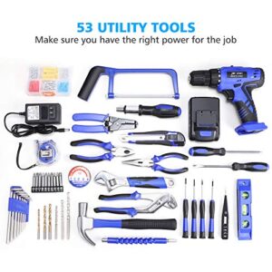 112 Piece Power Tool Combo Kits with 21V Cordless Drill, Professional Household Home Tool Kit Set with DIY Hand Tool Kits for Garden Office House Repair Maintain-Blue