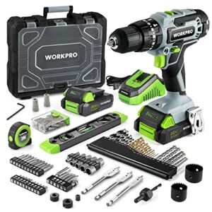 workpro 20v max cordless drill driver set, electric power impact drill tool with 102 pieces accessories, 1/2” chuck impact drill kit with portable case, 2 x 2.0ah li-ion batteries with fast charger