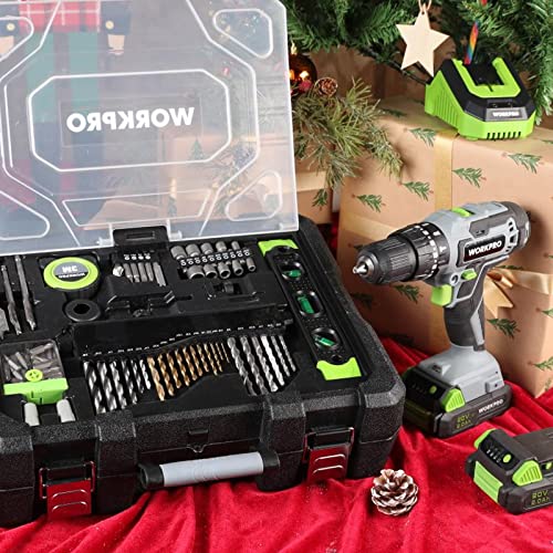 WORKPRO 20V Max Cordless Drill Driver Set, Electric Power Impact Drill Tool with 102 Pieces Accessories, 1/2'' Chuck Impact Drill Kit with Portable Case, 2 x 2.0Ah Li-ion Batteries with Fast Charger