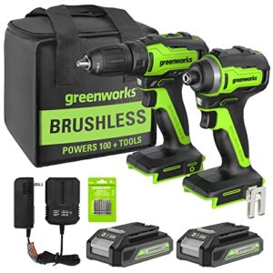 greenworks 24v cordless drill impact driver combo kit, 1/2” drill & 1/4” hex impact driver brushless power tool kit, included 2 batteries, 1 charger, 8 pcs bit set & bag