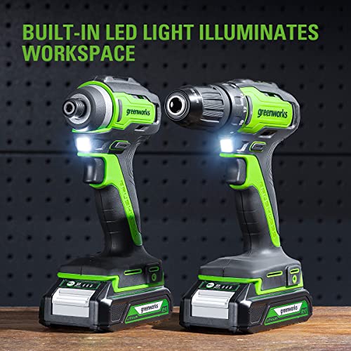 Greenworks 24V Cordless Drill Impact Driver Combo kit, 1/2” Drill & 1/4” Hex Impact Driver Brushless Power Tool Kit, Included 2 Batteries, 1 Charger, 8 pcs Bit Set & Bag