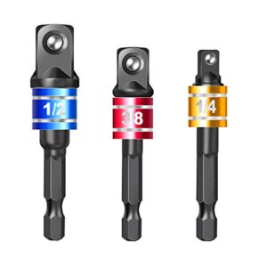 impact grade socket wrench adapter extension set turns power drill into high speed nut driver,hex shank bit square power drill cordless impact sockets bit set,sizes 1/4″ 3/8″ 1/2″,cr-v,black,3-piece