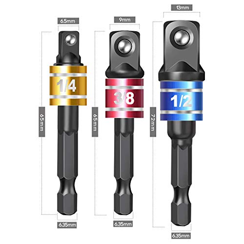 Impact Grade Socket Wrench Adapter Extension Set Turns Power Drill Into High Speed Nut Driver,Hex Shank Bit Square Power Drill Cordless Impact Sockets Bit Set,Sizes 1/4" 3/8" 1/2",Cr-V,Black,3-Piece