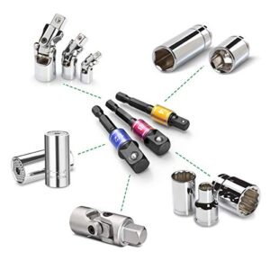 Impact Grade Socket Wrench Adapter Extension Set Turns Power Drill Into High Speed Nut Driver,Hex Shank Bit Square Power Drill Cordless Impact Sockets Bit Set,Sizes 1/4" 3/8" 1/2",Cr-V,Black,3-Piece