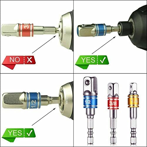 Impact Grade Socket Adapter 3 Pack Set, 1/4", 3/8" and 1/2" Drive, Socket to Drill Adpater for Impact Drivers, Turns Power Drill Into High Speed Nut Driver, Tools Gift for Men, DIYers