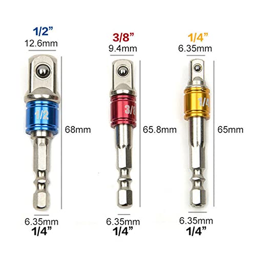 Impact Grade Socket Adapter 3 Pack Set, 1/4", 3/8" and 1/2" Drive, Socket to Drill Adpater for Impact Drivers, Turns Power Drill Into High Speed Nut Driver, Tools Gift for Men, DIYers