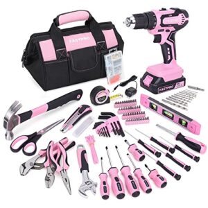 fastpro 232-piece 20v pink cordless lithium-ion drill driver and home tool set, lady’s home repairing tool kit with 12-inch wide mouth open storage tool bag