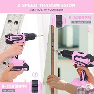 FASTPRO 232-Piece 20V Pink Cordless Lithium-ion Drill Driver and Home Tool Set, Lady's Home Repairing Tool Kit with 12-Inch Wide Mouth Open Storage Tool Bag