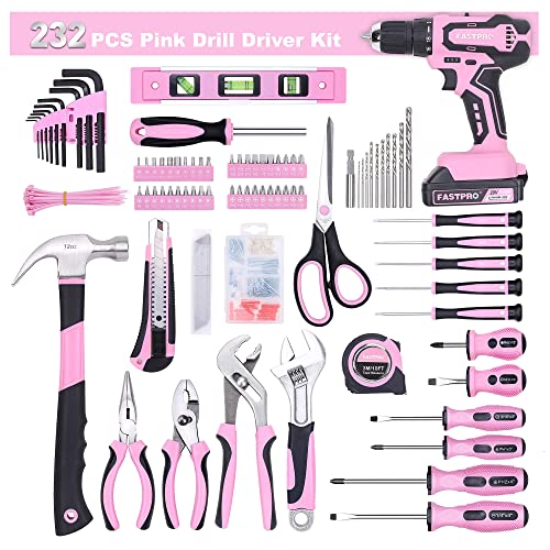 FASTPRO 232-Piece 20V Pink Cordless Lithium-ion Drill Driver and Home Tool Set, Lady's Home Repairing Tool Kit with 12-Inch Wide Mouth Open Storage Tool Bag