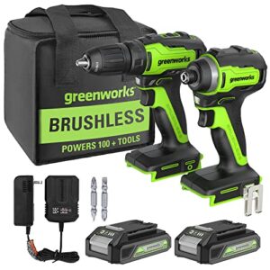 [professional grade] greenworks 24v max cordless brushless drill + impact combo kit, (2) 2.0ah batteries, fast charger, and bag included
