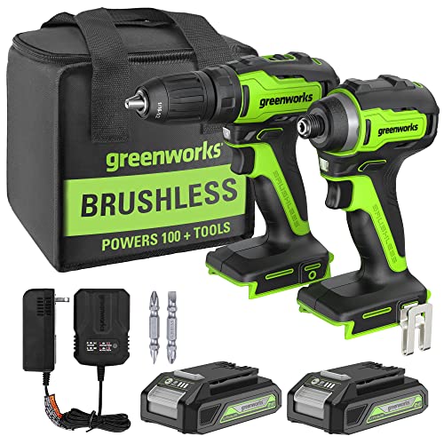 [Professional Grade] Greenworks 24V Max Cordless Brushless Drill + Impact Combo Kit, (2) 2.0Ah Batteries, FAST Charger, and Bag Included