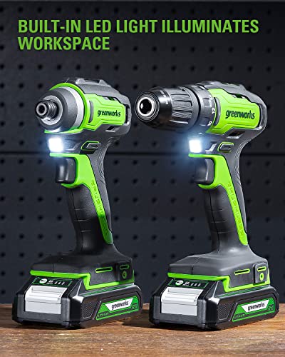 [Professional Grade] Greenworks 24V Max Cordless Brushless Drill + Impact Combo Kit, (2) 2.0Ah Batteries, FAST Charger, and Bag Included