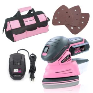 pink power detail sander for woodworking 20v cordless electric hand sander for wood furniture – mini palm sander tool with sandpaper, li-ion battery & charger – small handheld sanding machine