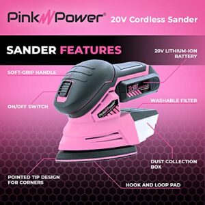 Pink Power Detail Sander for Woodworking 20V Cordless Electric Hand Sander for Wood Furniture - Mini Palm Sander Tool with Sandpaper, Li-Ion Battery & Charger - Small Handheld Sanding Machine