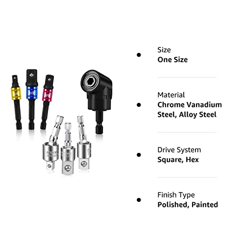 7 Pcs Impact Drill Sockets Adapter Drill Bit Adapter Set, 3 Hex Shanks Socket Adapter, 3 Pcs 360 Degree Rotatable Power Drill Sockets Adapter, 105 Degree Right Angle Screwdriver for Automotive DIY