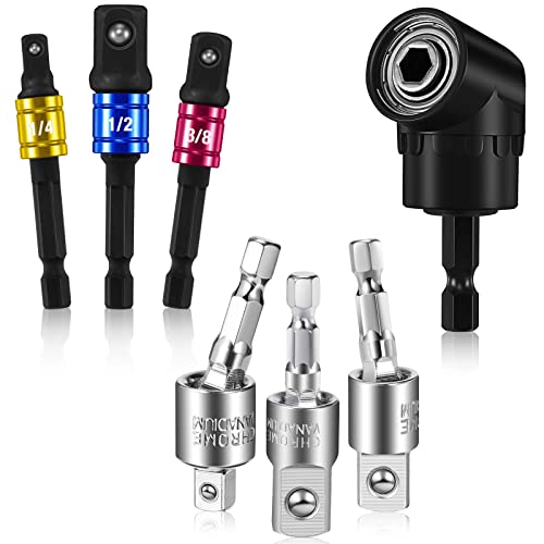 7 Pcs Impact Drill Sockets Adapter Drill Bit Adapter Set, 3 Hex Shanks Socket Adapter, 3 Pcs 360 Degree Rotatable Power Drill Sockets Adapter, 105 Degree Right Angle Screwdriver for Automotive DIY