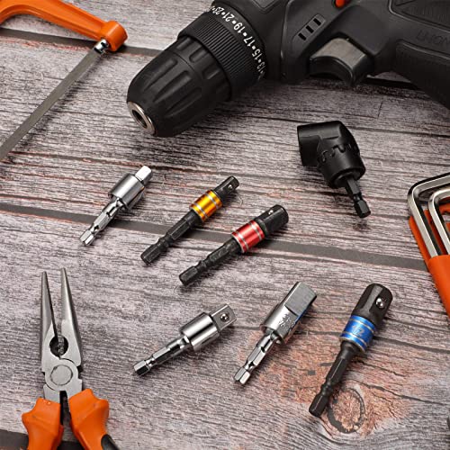 7 Pcs Impact Drill Sockets Adapter Drill Bit Adapter Set, 3 Hex Shanks Socket Adapter, 3 Pcs 360 Degree Rotatable Power Drill Sockets Adapter, 105 Degree Right Angle Screwdriver for Automotive DIY