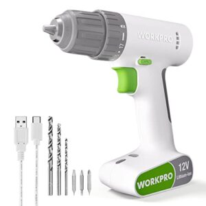 workpro 12v cordless drill driver set, electric power drill tool kit with 6 pcs bits, 3/8-inch keyless chuck, variable speed, 18 touque setting, type-c charge cable, led light, white