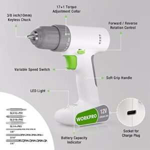 WORKPRO 12V Cordless Drill Driver Set, Electric Power Drill Tool Kit with 6 Pcs Bits, 3/8-Inch Keyless Chuck, Variable Speed, 18 Touque Setting, Type-C Charge Cable, Led Light, White