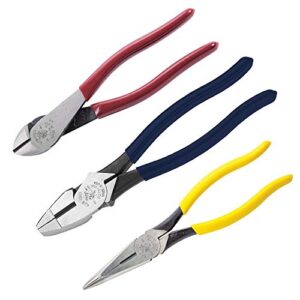 klein tools 80020 tool set with lineman’s pliers, diagonal cutters, and long nose pliers, with induction hardened knives, 3-piece