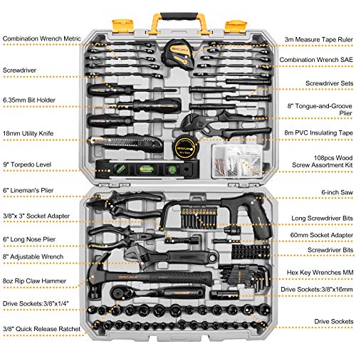 DEKOPRO 218-Piece General Household Hand Tool kit, Professional Auto Repair Tool Set for Homeowner, General Household Hand Tool Set with Plier, Screwdriver Set, Socket Set, with Portable Storage Case