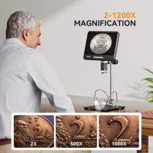 Elikliv EDM402 Max 10.1" HDMI Digital Microscope 1200X with 2K IPS Screen, 24MP LCD Digital Microscope with 64GB TF Card, Bottom Transmitted Light, 10" Long Stand for Entire Coin, PC/TV Compatible