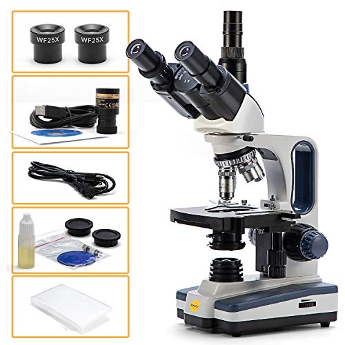 Swift Trinocular Compound Microscope SW350T,40X-2500X Magnification,Siedentopf Head,Research-Grade,Two-Layer Mechanical Stage,1.3mp Camera and Software Windows and Mac Compatible