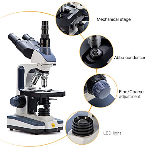 Swift Trinocular Compound Microscope SW350T,40X-2500X Magnification,Siedentopf Head,Research-Grade,Two-Layer Mechanical Stage,1.3mp Camera and Software Windows and Mac Compatible