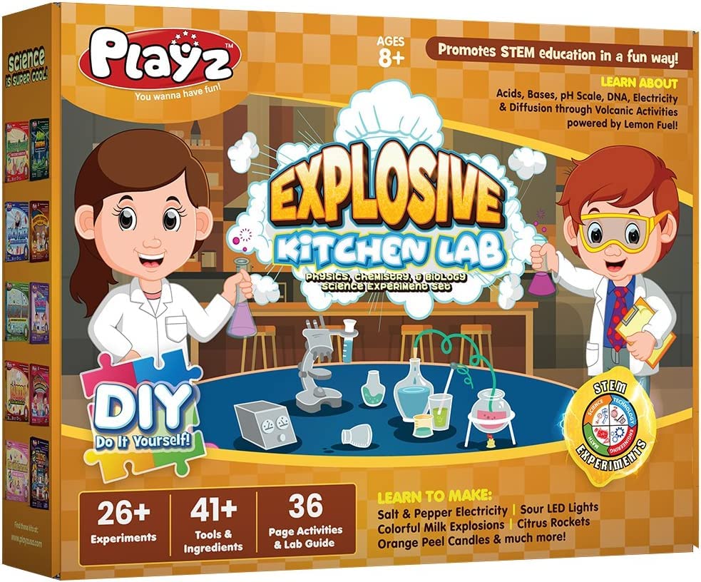 Playz Explosive Kitchen Lab Educational Science Kit for Kids Age 8-12 with 26 Science Experiments to Make Citrus Rockets, Sour LED Lights & More - Chemistry Set Toys for Boys, Girls, Teenagers & Kids