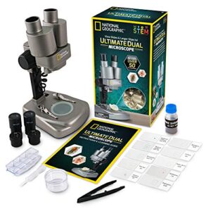national geographic dual led student microscope – 50+ pc science kit with 10 prepared biological & 10 blank slides, lab shrimp experiment, perfect for school laboratory, homeschool & home education