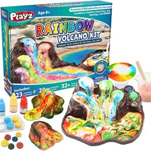 playz explosive rainbow volcano kit for kids with 23+ science chemistry set activities & experiments, glow in the dark learning & education toys, & earth science kits for kids age 8-12, boys, & girls
