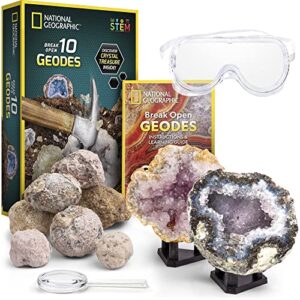 national geographic break open 10 premium geodes – includes goggles, detailed learning guide & 2 display stands – great stem science gift for mineralogy & geology enthusiasts of any age