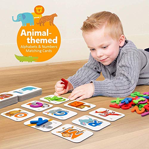 Coogam Numbers and Alphabets Flash Cards Set - ABC Wooden Letters and Numbers Animal Pattern Board Matching Puzzle Game Montessori Educational Learning Toys Gift for Preschool Kids Age 3 4 5 Years