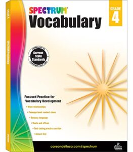 spectrum grade 4 vocabulary workbook, 4th grade vocabulary covering word relationships, sensory language, roots and affixes, and reading comprehension context clues, classroom or homeschool curriculum