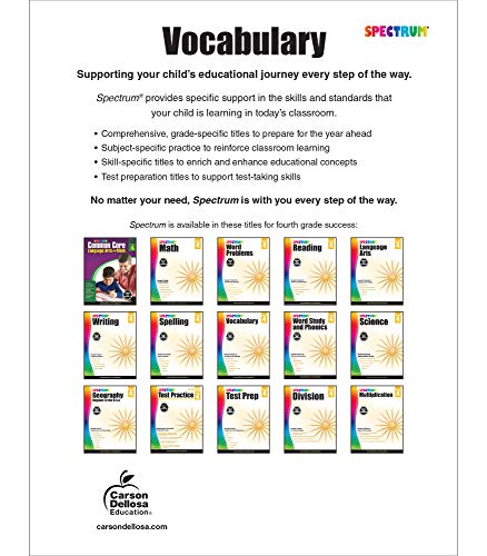 Spectrum Grade 4 Vocabulary Workbook, 4th Grade Vocabulary Covering Word Relationships, Sensory Language, Roots and Affixes, and Reading Comprehension Context Clues, Classroom or Homeschool Curriculum