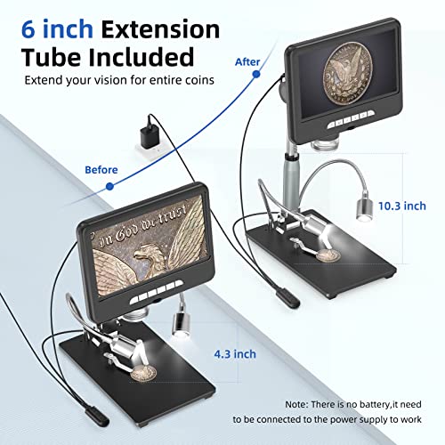 TOMLOV DM401 2K Digital Microscope 1200x, HDMI LCD Microscope with Screen, Extension Tube Included for Entire Coin View,24MP Soldering Microscope with Lights,Windows/iOS Compatible