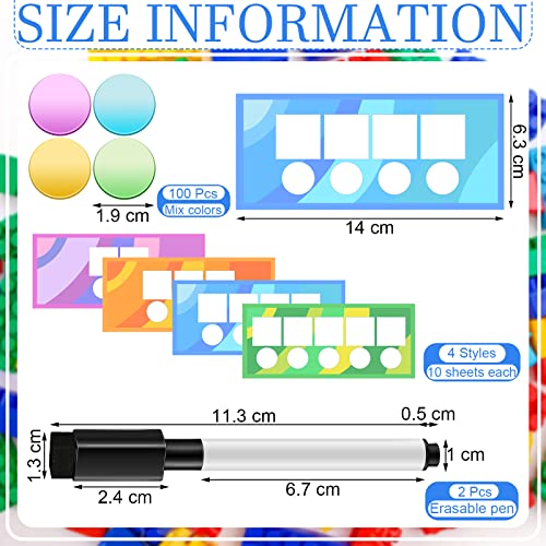 40 Pcs Sound Box Mats and Chips Cardboard Dry Erase Mats 100 Pcs 0.75 Inch Colorful Plastic Chips Phonemic Awareness Phonics Games Reading Games 2 Pcs Markers with Eraser Cap for School Office Home