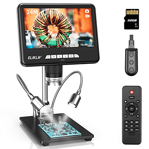 Elikliv EDM401 Max 2K Digital Microscope, 7" LCD Digital Microscope 1200x, 24MP Soldering HDMI Microscopes, IPS Screen, 10" Stand, 10 LED Lights, Wireless Remote, PC/TV Compatible, 32GB