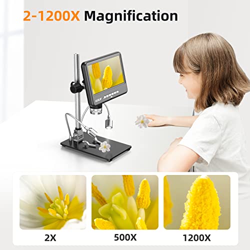 Elikliv EDM401 Max 2K Digital Microscope, 7" LCD Digital Microscope 1200x, 24MP Soldering HDMI Microscopes, IPS Screen, 10" Stand, 10 LED Lights, Wireless Remote, PC/TV Compatible, 32GB