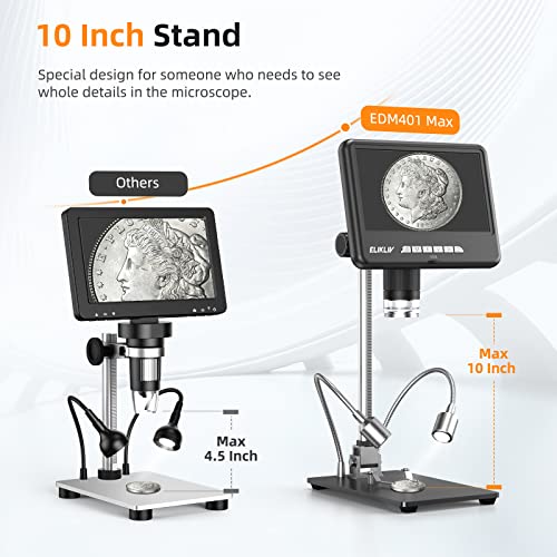 Elikliv EDM401 Max 2K Digital Microscope, 7" LCD Digital Microscope 1200x, 24MP Soldering HDMI Microscopes, IPS Screen, 10" Stand, 10 LED Lights, Wireless Remote, PC/TV Compatible, 32GB