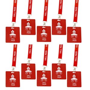 hall pass lanyards with large card passes, unbreakable school classroom passes set for teacher parents (10 x hall pass) (red 10* hall pass)